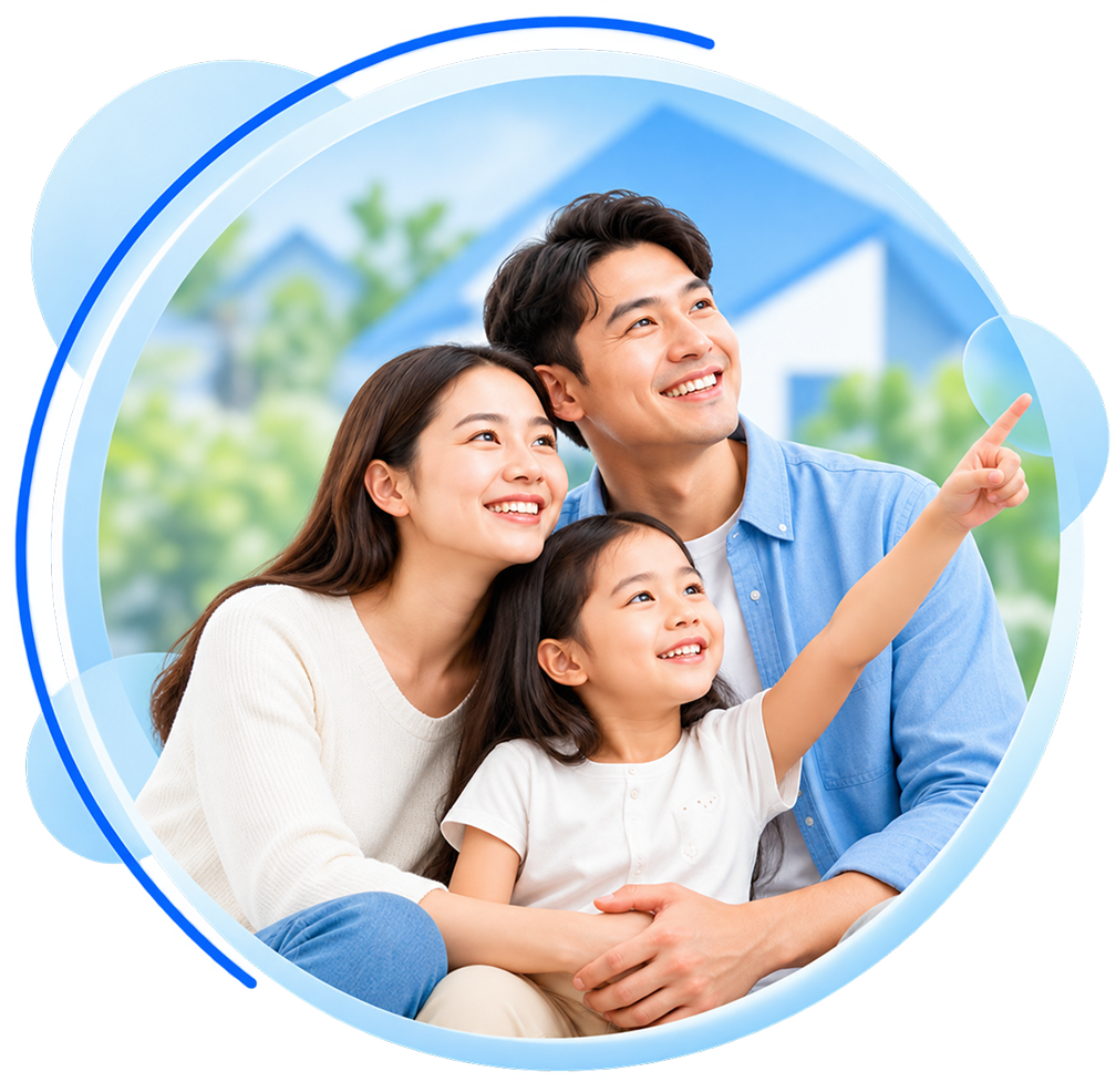 Happy family looking ahead together